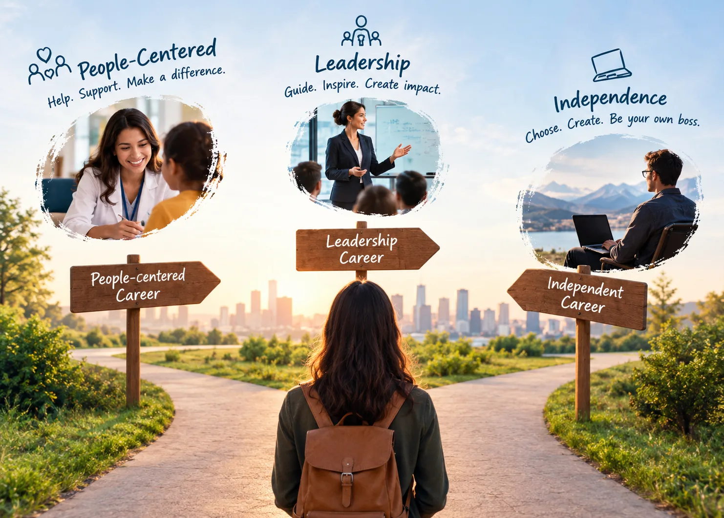 Young woman stands at a career crossroads with paths representing people-centered work, leadership, and independent careers. The illustration highlights self-awareness, career choice, freedom, responsibility, and different ways of finding meaningful professional success based on individual strengths and preferences.